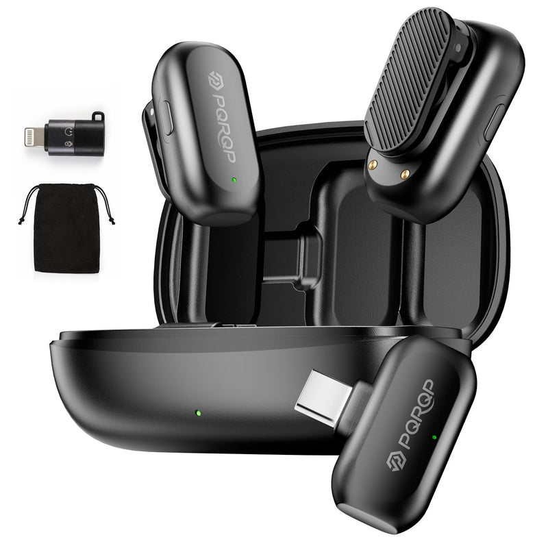 PQRQP Wireless Lavalier Microphone for iPhone/iPad/Android, 164ft Transmission, Mini Microphone with AI Noise Cancellation & Hi-Fi Sound, 24H Charging Case, Mic Ideal for Video Recording Glossy Black