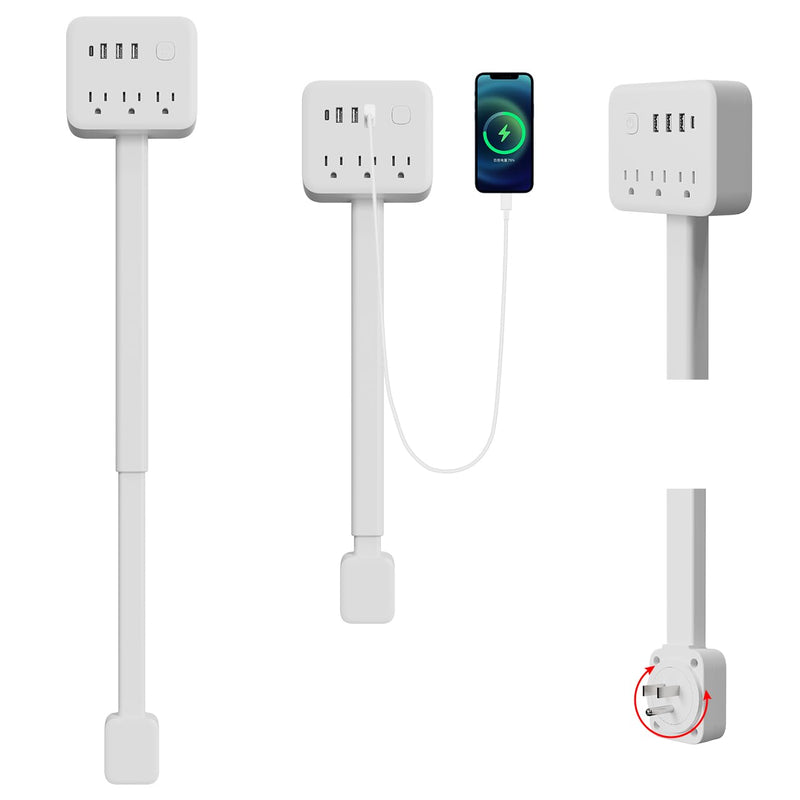 180° Rotating Outlet Extender Stick with 3 AC & 4 USB | Telescopic Extension, Behind Couch Space Saving, Surge Protector, 6-in-1 Multi Plug Wall Splitter Charging Station