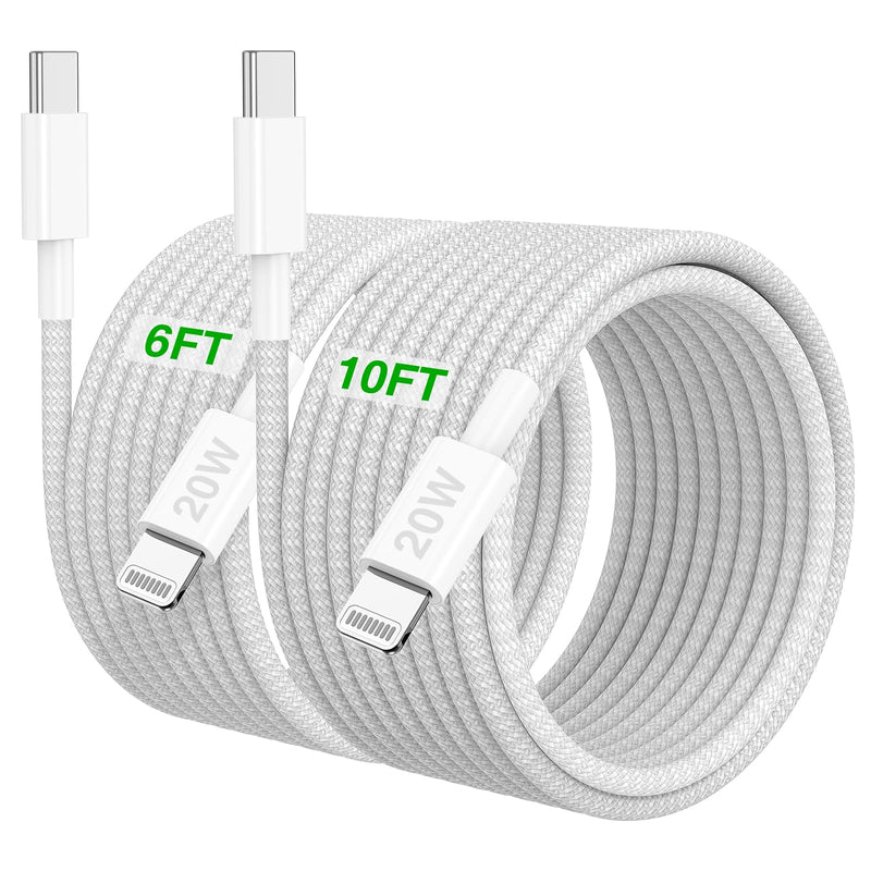 2Pack 20W New Braided USB C to Lightning Cable for iPhone14/13/12 Fast Charger Cord 6FT+10FT [Apple MFi Certified],iPhone Charger Fast Charging Apple Charging Cord for iPhone14 13 12 11 Pro Max White