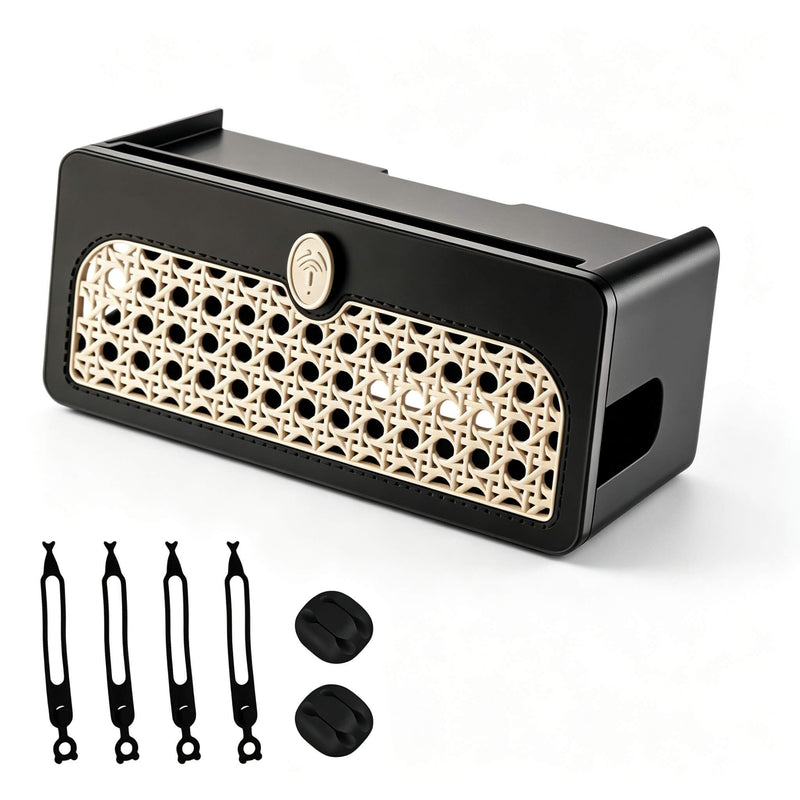 Faux Rattan Cable Management Box, Black | Decorative Power Strip Cover with Lid, Large Cord Organizer, For Surge Protector