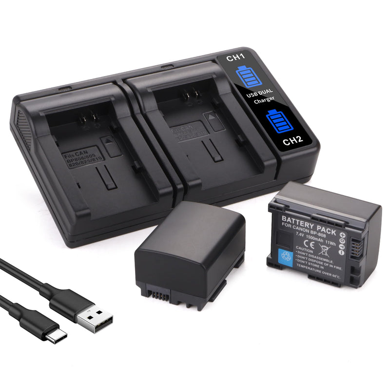 BP-808 BP808 2-Pack 1500mAh Battery with Quick Dual USB Charger Compatible for Canon FS10, FS11, FS20, FS21, FS22, FS31, FS40, FS100, FS200, FS300, FS400, HF G10, HF G20, VIXIA HF M30, VIXIA HF M31
