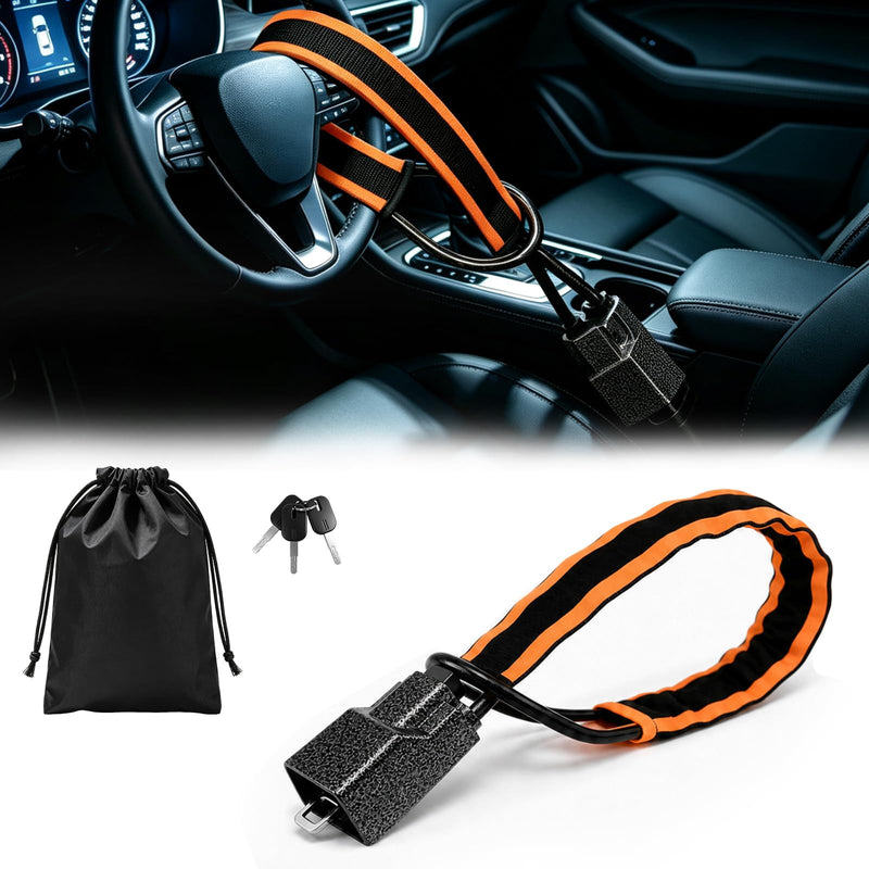 Steering Wheel Lock, Seat Belt Lock, Anti Theft Car Device with 3 Keys | Universal Car Lock with Waterproof Reflective Strip, Max 17 Inch Length for Vehicle, Truck,SUV,Golf Cart, RV and Van (Yellow) Orange-Metal Shell