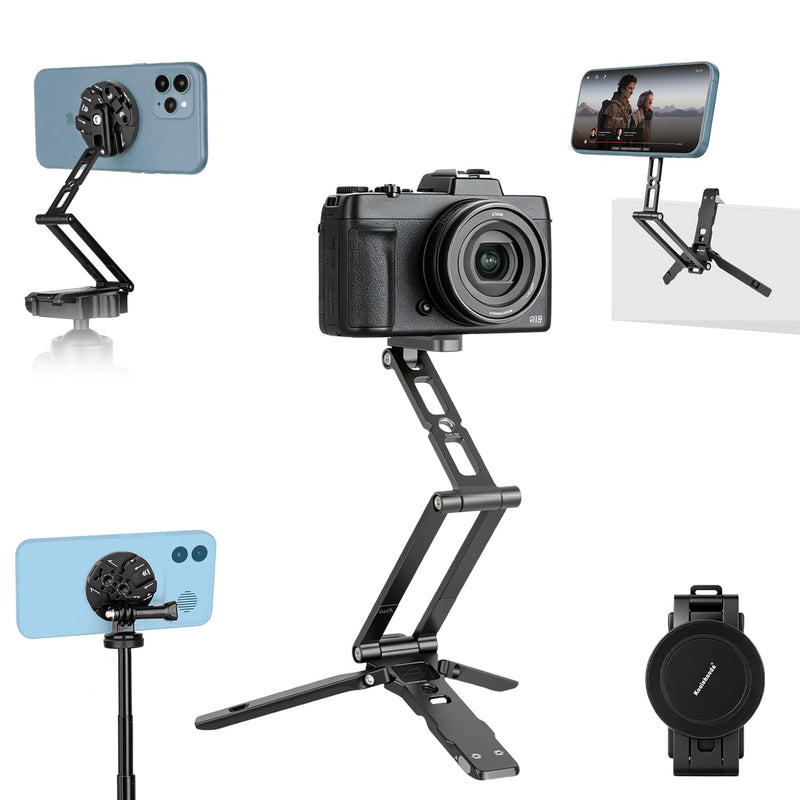 Koolehaoda Magnetic Phone Tripod for MagSafe Foldable Pocket Camera Stand | Aluminum Mini Tripod with Detachable N52 Magnetic Disc Featuring Cold Shoe and Action Camera Mount for Travel Vlog