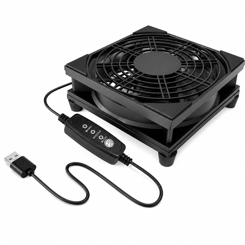 120mm USB Cooling Fan, 3-Speed Adjustable Airflow with Protective Grill, Plug and Play Cooler for Router, Modem, TV Box, AV Cabinet, Game Console, Mini PC, Black