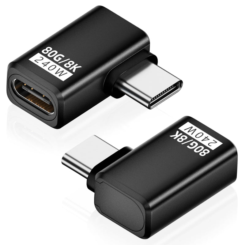 AreMe 80Gbps USB-C 90 Degree Adapter 2 Pack, Black | 240W, 16K/Dual 8K, Right Angle Male to Female Extender, for Thunderbolt 5/4/3, Steam Deck, ROG Ally, Switch2, MacBook Black-H90