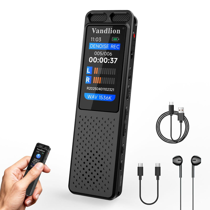 Voice Recorder with Playback, Vandlion HD Clear Digital Recording Device | 100Hrs Battery, AI Noise Reduction, One Touch Recording, Compact, Voice Activated, Password, Lecture Meeting Interview Class 16.0 GB