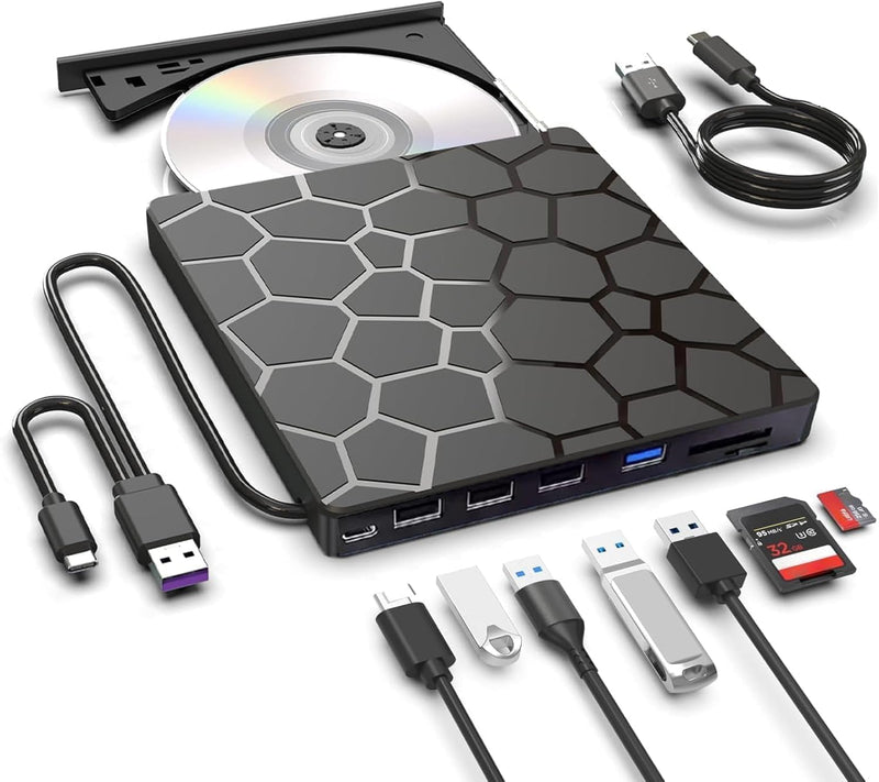 8 in 1 External CD DVD Drive, USB 3.0 and Type-C Disc Reader Burner Player | Optical Drive for PC Laptop Desktop MacBook Mac Windows Linux OS Apple