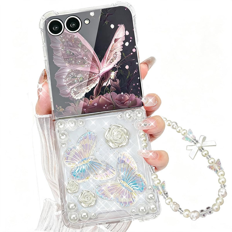 AuroiCYY For Samsung Galaxy Z Flip 8 Case with Chain, Cute 3D Pearl Bling Crystal Clear Sparkle Butterfly Floral Case for Women Girls Shockproof Soft Phone Cover with Wrist Strap for Z Flip8 5G, Clear