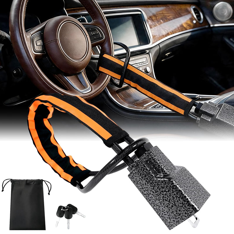 Steering Wheel Lock, Seat Belt Anti-Theft Device, 3 Keys | 27.5 in Braided Steel Cable With an Alloy Metal Lock Head, Reflective Nylon Sleeve & Storage Bag, Fits Most Car SUV Golf Cart black orange