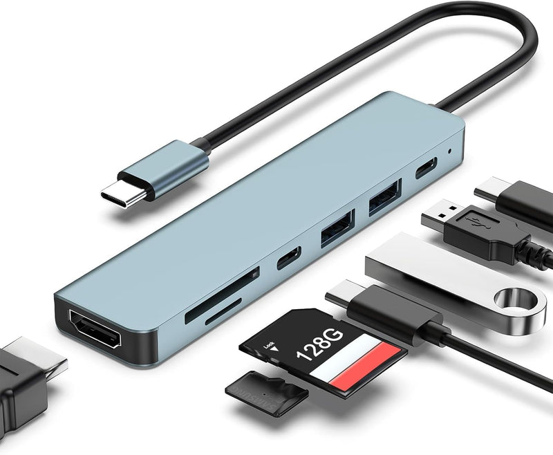 USB C Hub for MacBook Dell HP ASUS, 7-in-1 USB-C Adapter with 4K HDMI Output/87W PD Fast Charging/5Gbps USB3.0/USB2.0/SD TF Card Reader-Compact USB-C Dongle for Business Trip Office Home