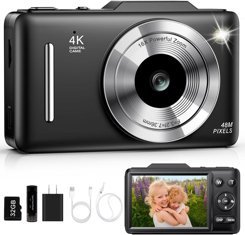 Digital Camera 4K for Kids-48MP Autofocus Vlogging Camera with 32GB Card, 16X Zoom, Anti-Shake, Compact Point and Shoot Camera for Teens Beginners, Birthday Gift Black