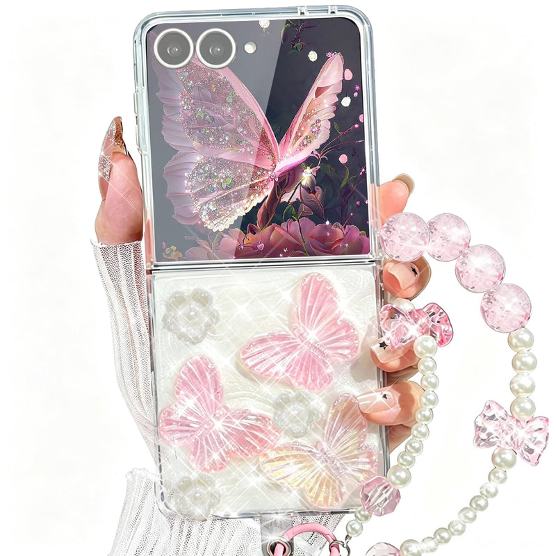 AuroiCYY for Samsung Galaxy Z Flip 8 Case with Chain, Cute 3D Pearl Bling Crystal Clear Sparkle Butterfly Floral Case for Women Girls Shockproof Soft Phone Cover with Wrist Strap for Z Flip8 5G, Pink