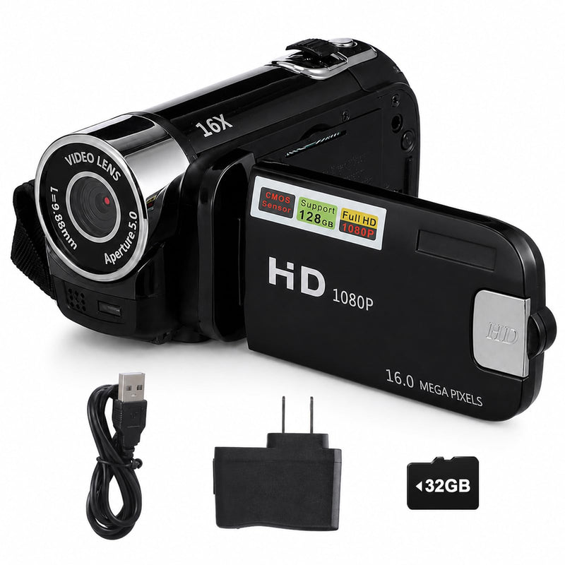 Portable Digital Camcorder Video Camera 1080P DV Camera Vlog Recorder | 2.7-inch LCD Screen 16x Digital Zoom and Built-in Battery with 32GB Card for Teens Beginners(Black) Black