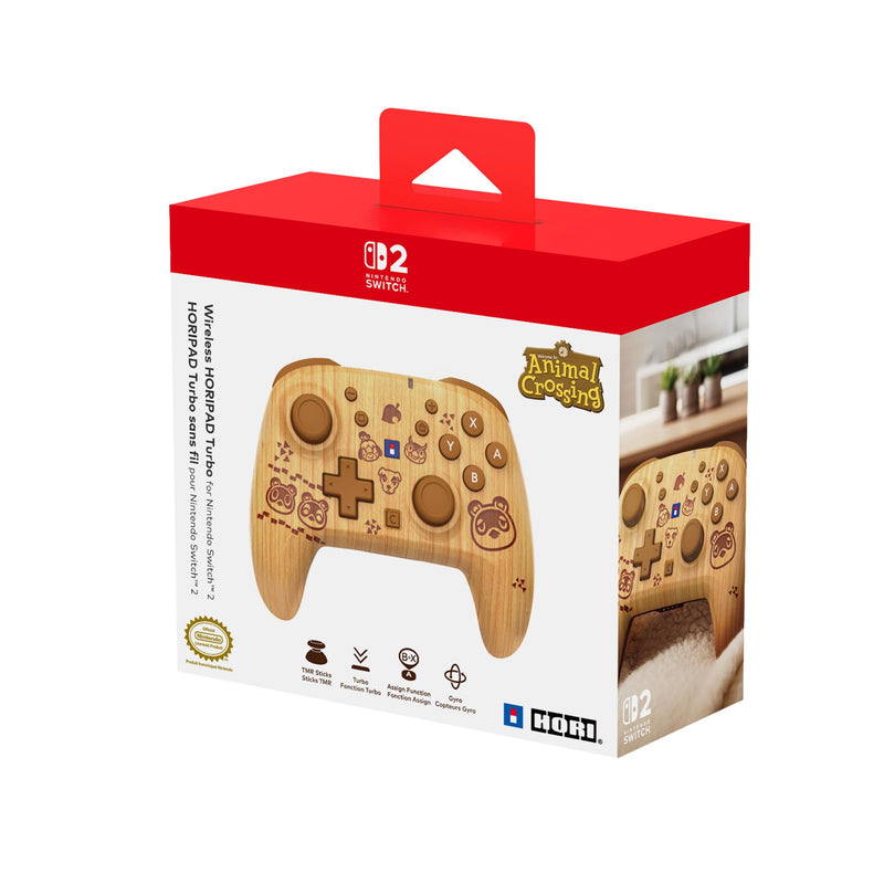 HORI Wireless HORIPAD Turbo (Animal Crossing Wood Brown) for Nintendo Switch 2 – Rechargeable Controller - Officially Licensed by Nintendo