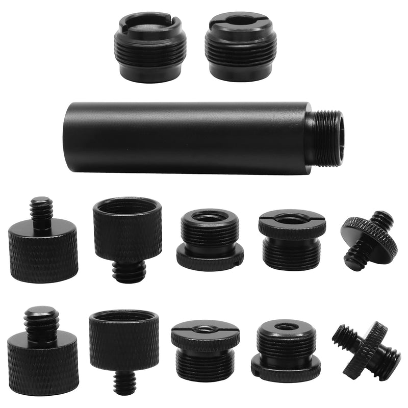13 Pcs Black 8 Types Mic Stand Adapter Set | with Extension Tube, Thread Converter Screw Adapter，3/8 to 5/8 and 1/4 ，for Mic Boom Arm Camera Tripod Light