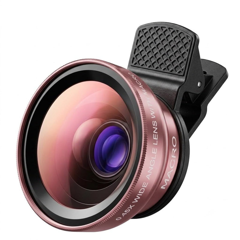 Phone Camera Lens Kit, 0.45X Super Wide Angle Lens + 15X Macro Lens 2 in 1 Professional Lens Attachment for Phone 17/16/15/14/13 Rose Gold