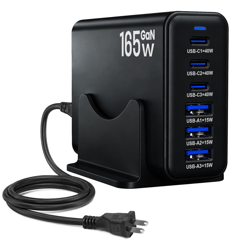 165W GaN Charging Station, 6-Port USB C & USB A Charger, Black | 6-Port USB Charging Station, 3x40W USB-C + 3x15W USB-A, Compatible with iPhone, Galaxy, iPad, Home Office, Travel and More