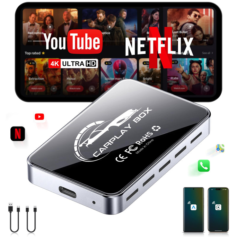 AI Box CarPlay, 3-in-1 Wireless CarPlay Adapter Android Auto OEM Wired Cars | Built-in Netflix/YouTube for Streaming, 5.8GHz WiFi, Convert Wired to Wireless, Plug & Play （4GB RAM+32GB ROM）