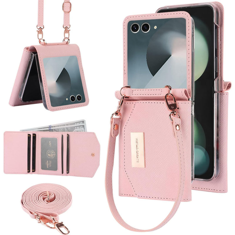 for Samsung Galaxy Z Flip 8 Wallet Case with Built-in Leather Cash Slot and Credit Card Holder. Wristlet Strap and Hinge Protection, Carrying Handbag Phone Case for Women Ladies.(Pink) Pink