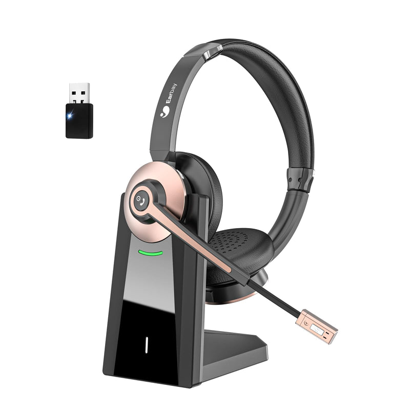 Earbay Wireless Headset, Bluetooth Headphones with Microphone Noise Canceling & Mute, Wireless Headset with Mic USB Dongle/Charge Dock for PC Computer Phone Work Office Meetings Call Teams Black Gold