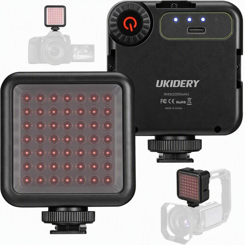 Mini IR Night Vision Light for Camera & Camcorder 2000mAh Rechargeable | Infrared Photography Light with 49 LEDs, 3 Cold Shoe Mount for Vlog Video Recording