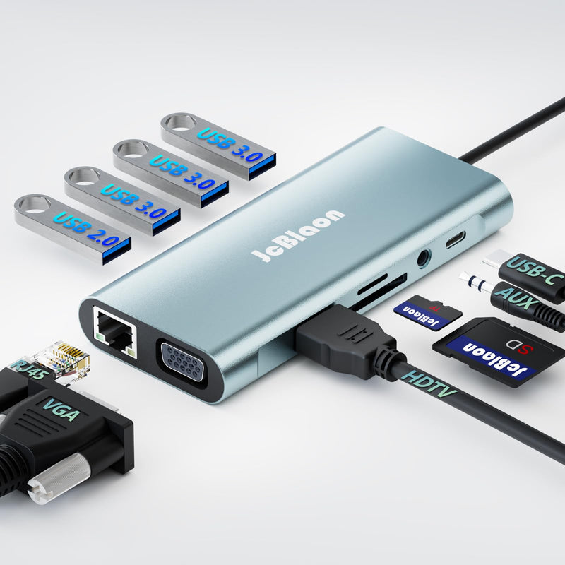 11-in-1 USB C Docking Station with 4K@30Hz HDTV, 1080P VGA, Gigabit Ethernet, 87W PD, 3 USB 3.0 *1 USB 2.0 Ports, SD/TF Card Reader, 3.5mm Audio Jack, Compatible with MacBook Pro/Air, iPad Pro
