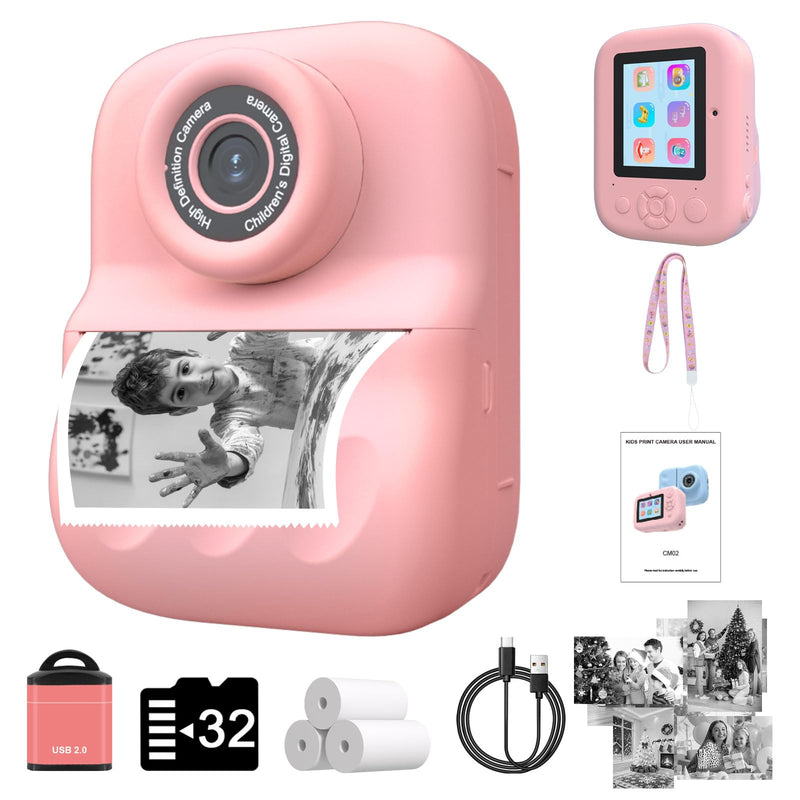 Kids Camera Instant Print for Kids with Mirror, HD Dual-Lens Selfie Digital Camera with 3 Rolls Print Paper & 32GB Card, Holiday Birthday Gifts Toys for Girls Boys Toddler. (Dark Pink) Dark Pink
