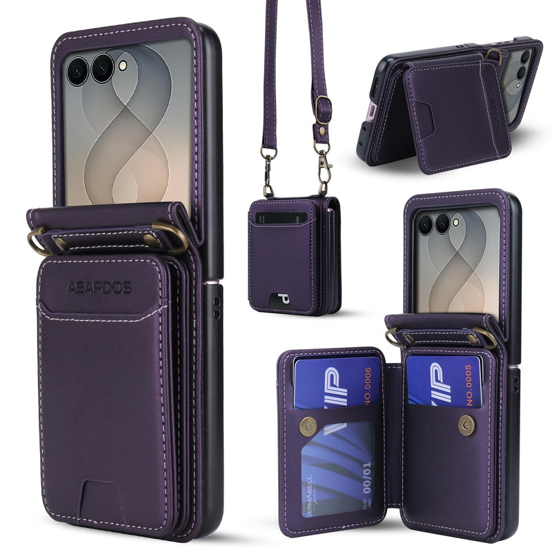 for Samsung Galaxy Z Flip 8 PU Leather Wallet Phone Case with Card Slots (Holds 5 Cards), Anti-Drop Protection, Wrist & Shoulder Strap Purple Galaxy Z Flip 8 5G