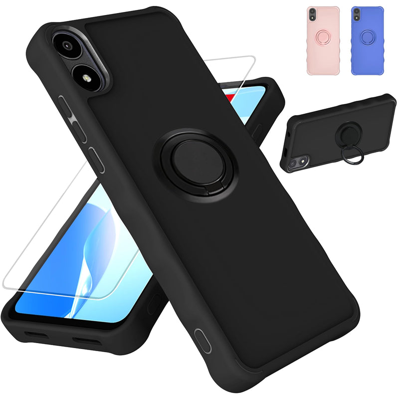 jioeuinly Case Compatible for BLU X5+ Plus Phone Case Cover [with Tempered Glass Screen Protector][ 2MM Thickening Super Protection][Ring Support] Black