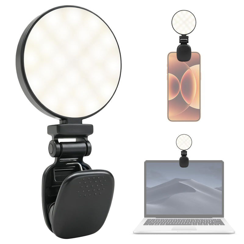 K&F CONCEPT LEDs Selfie Light, 3 Interface Modes, Rechargeable Phone Light | Ra95 CRI, 3-in-1 Mounts, 9 Light Modes, 600mAh Battery, 33g Pocket Size, Black, C7