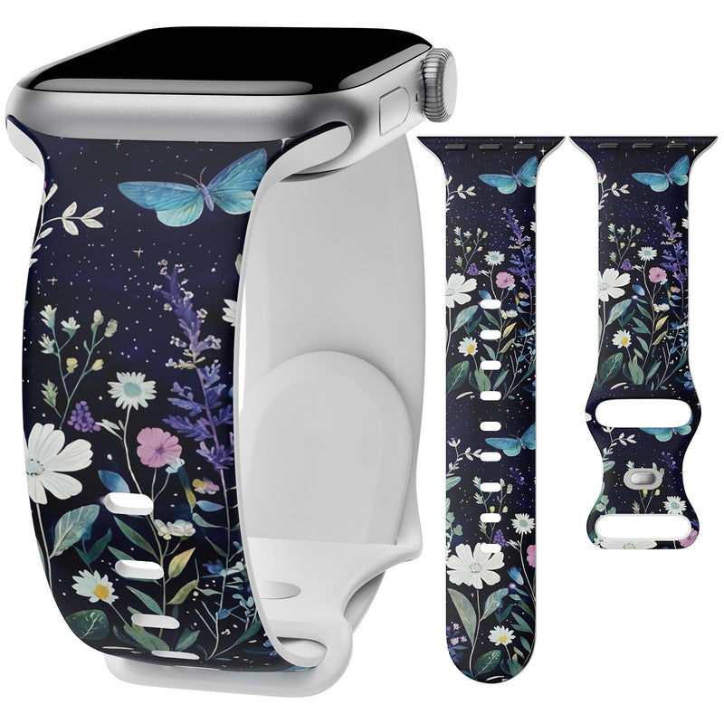 Floral Print Band Compatible with Apple Watch Bands for Women 40mm 42mm 41mm 38mm 44mm 45mm 46mm 49mm, Cute Pattern Flower Soft Silicone Sport Strap for iWatch Series Ultra 11 10 SE 9 8 7 6 5 4 3 2 1 C-Starry Garden 38mm/40mm/41mm/42mm [series 11 10]