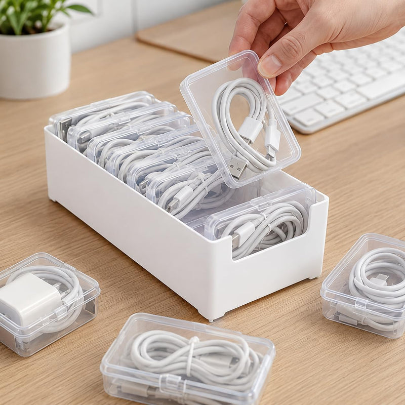 8 Pcs Cable Organizer Storage Box, Desktop Cord Management Organizer with 7 Switch Small Boxes, Clear Home Perler Beads Case for Stationery Supplies Desk Electronic Accessories, White