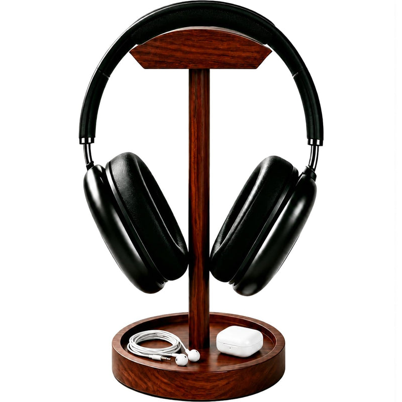Headphone Stand Nature Wood Headset Hanger Mount Hook Gaming Holder Desktop Earphone Artful Functional Stand for All Headsets with Solid Wooden Base Walnut Storage Base