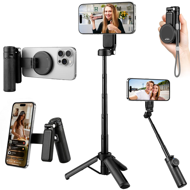 4-in-1 Magnetic Selfie Stick, Pocket Size 360° Rotation Phone Tripod | With Wireless Remote and Metal Ring, Extendable Cell Phone Stand Camera Grip Handle for Video Recording Travel Live Streaming Black