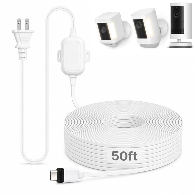 50FT Power Adapter for Ring Spotlight Cam Plus/Pro (Battery), Ring Outdoor Cam Plus (Battery) and Outdoor Cam Pro (Plug-in), 20W Long USB C Weather-Resistant Extension Cord, White