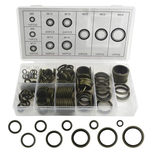 150Pcs 8 Kinds Bonded Seal Washer Assortment Kit M6 M8 M10 M12 M14 M16 M18 M20 Metal Rubber Gasket Washer Box for Plumbing Automotive Mechanical Cylinder Repairs