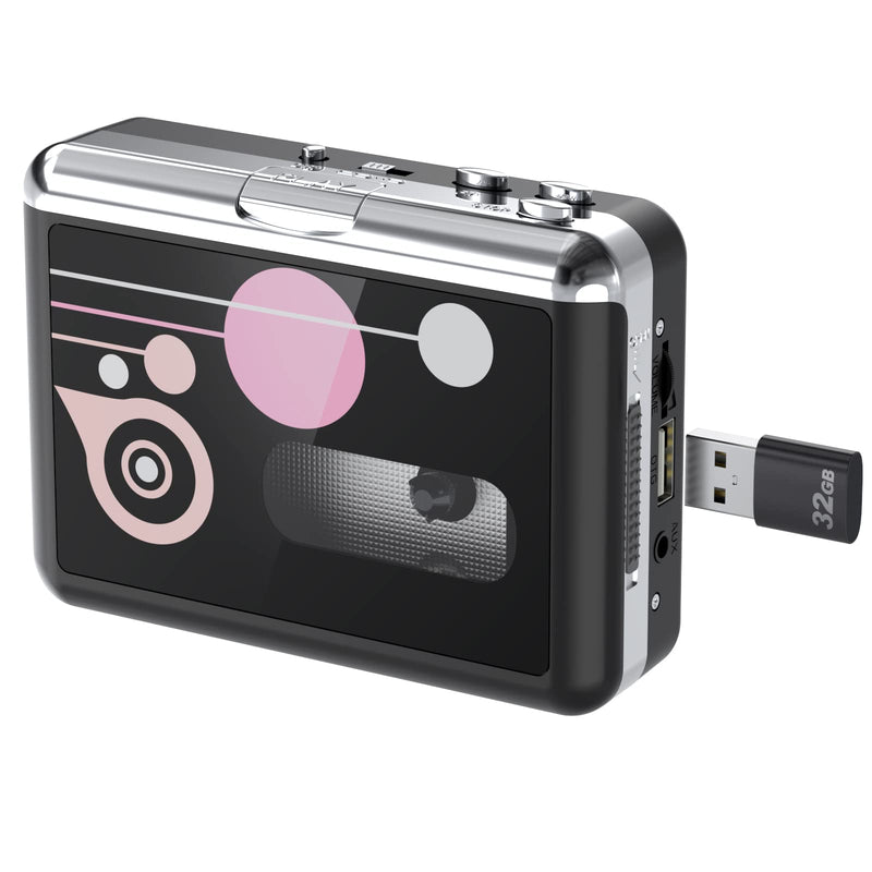 Portable Cassette Player Converter, Convert Cassette to MP3 via USB Disk, USB/Tape Audio Music Player with Earphones, No PC Required | Convert Tapes to MP3 via USB Drive Black-Pink