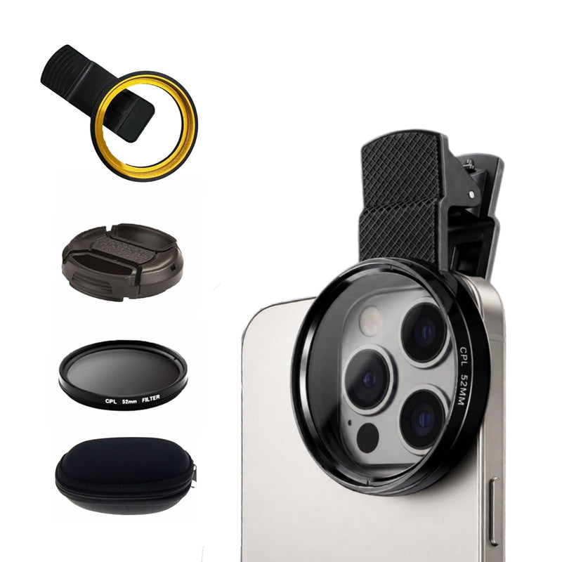 52mm CPL Lens for iPhone – Phone Camera Lens Filter Kit, Polarizing CPL Filter iPhone Compatible, Anti-Glare Phone Lens Clip for Travel, Landscape & Vide