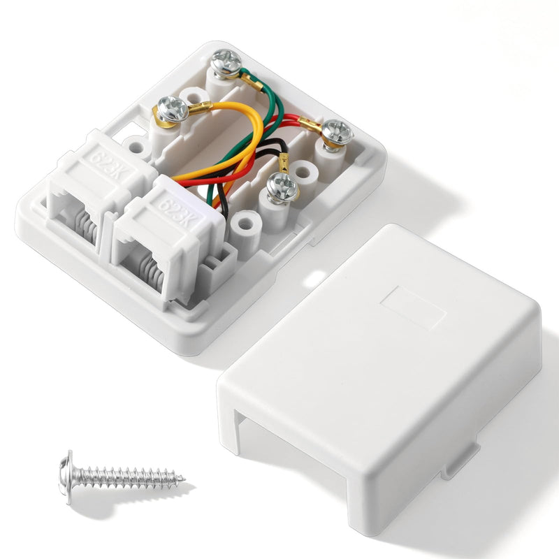 2 Pack Surface Mount Phone Jack Box Dual Port, Phone Jack Box with Rj11 6p4c Female Jacks White, for Landline Telephone Fax Answering Machine