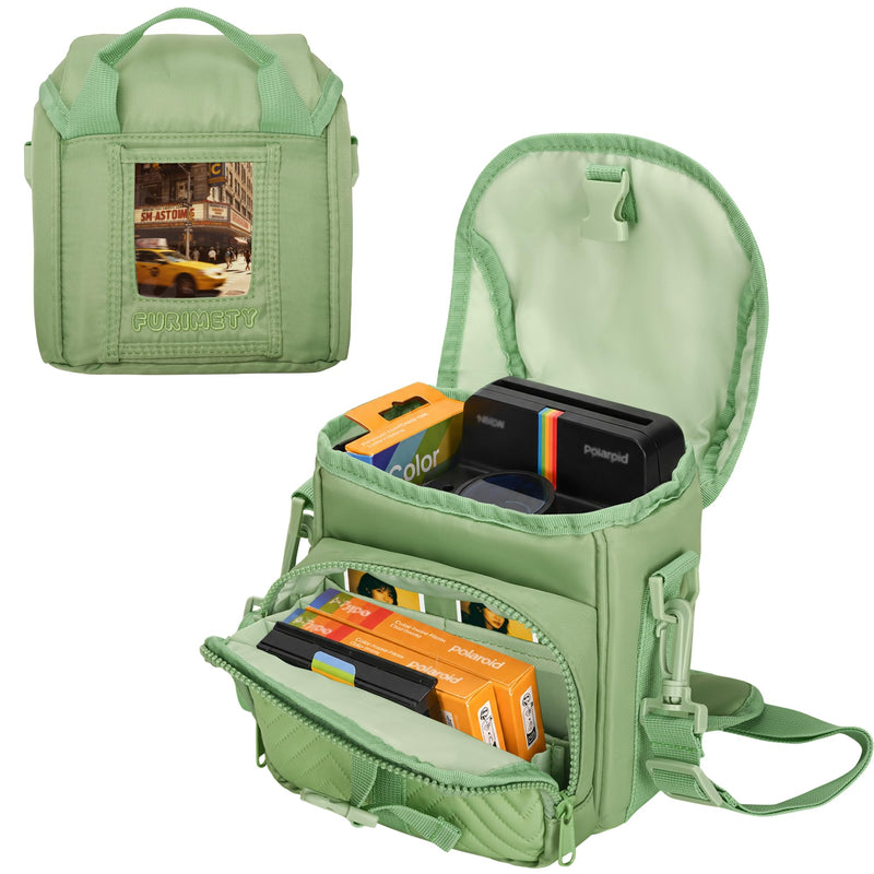Camera Case for Polaroid Now 3rd/2nd Gen with Photo Display Window | Instant Camera Sling Bag with Clear Display Window, ilted Front Pocket, 8mm Padding, Top Handle and Adjustable Strap, Green