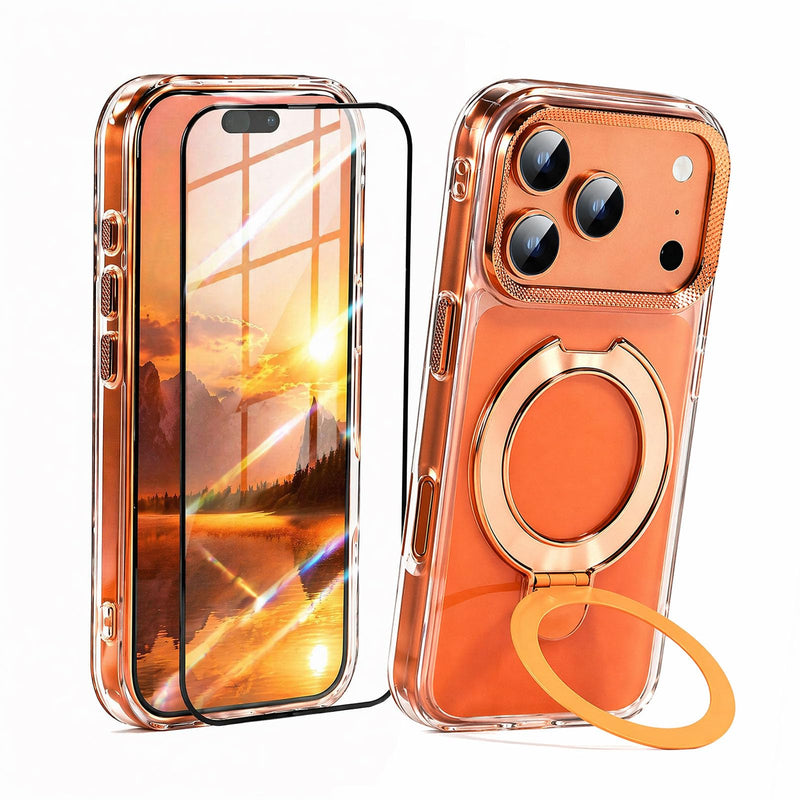 Magnetic Case for iPhone 17 Pro Max Ring Kickstand&Screen Protector, Orange | Durable Anti-Yellow Magnetic Case, Clear Bumper, Metal Ring Kickstand, Drop-proof, Fits MagSafe, Includes HD Screen Protector
