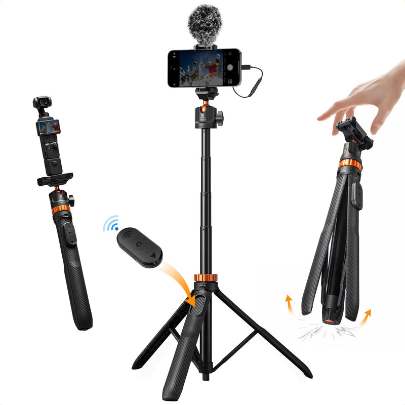 K&F CONCEPT Auto Open 62'' Selfie Stick Tripod with Remote for Vlog | 360° Ball Head Camera Tripod with 2-in-1 Phone Holder, Compatible with DJI Osmo Pocket 3 4 Insta360 Luna Ultra. MS34