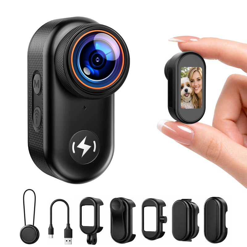 4K Mini Body Camera with 64GB Card Thumb Action Camera with 1.47" Screen, WiFi Magnetic Mount Wearable Hands-Free POV Camera for Pet Bike Cycling Sport Vlogging pitch-black