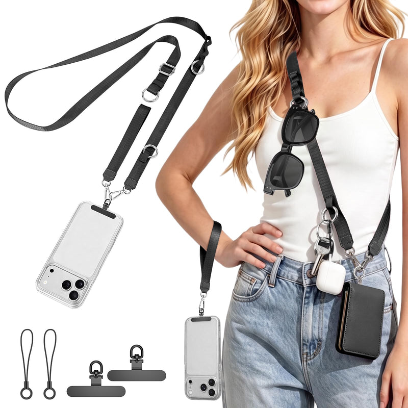 Multifunctional Phone Lanyard, 3 in 1 Cell Phone Detachable Adjustable Crossbody Strap & Neck Lanyard & Wrist Lanyard with 2x Tether Tab for Most Smartphones, Outdoor Travel Essential Black Blackx1