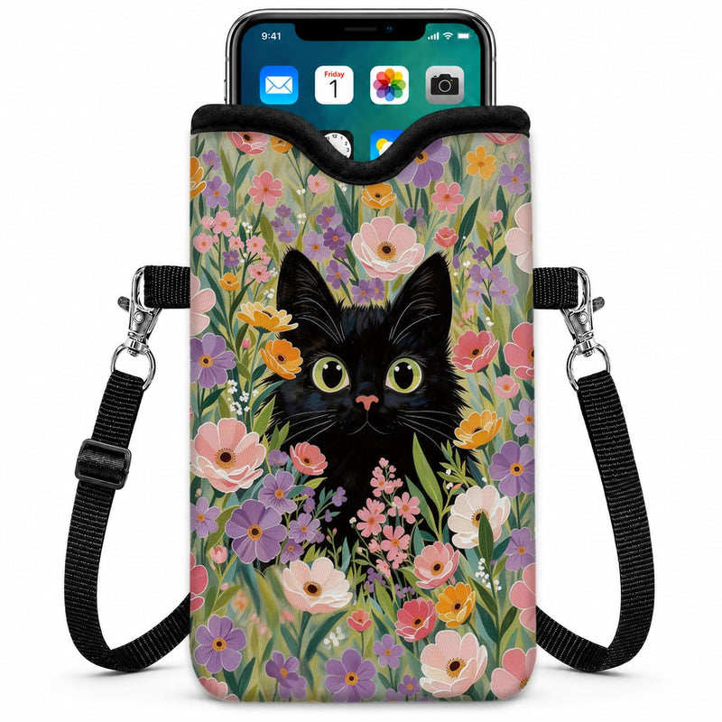 Neoprene Phone Sleeve Pouch Case Bag for Women Men with Crossbody Strap, 7.1x3.9 in, Shockproof Mobile Protection Case Bag with Neck Lanyard, Fits Most Phones, Black Cat Floral
