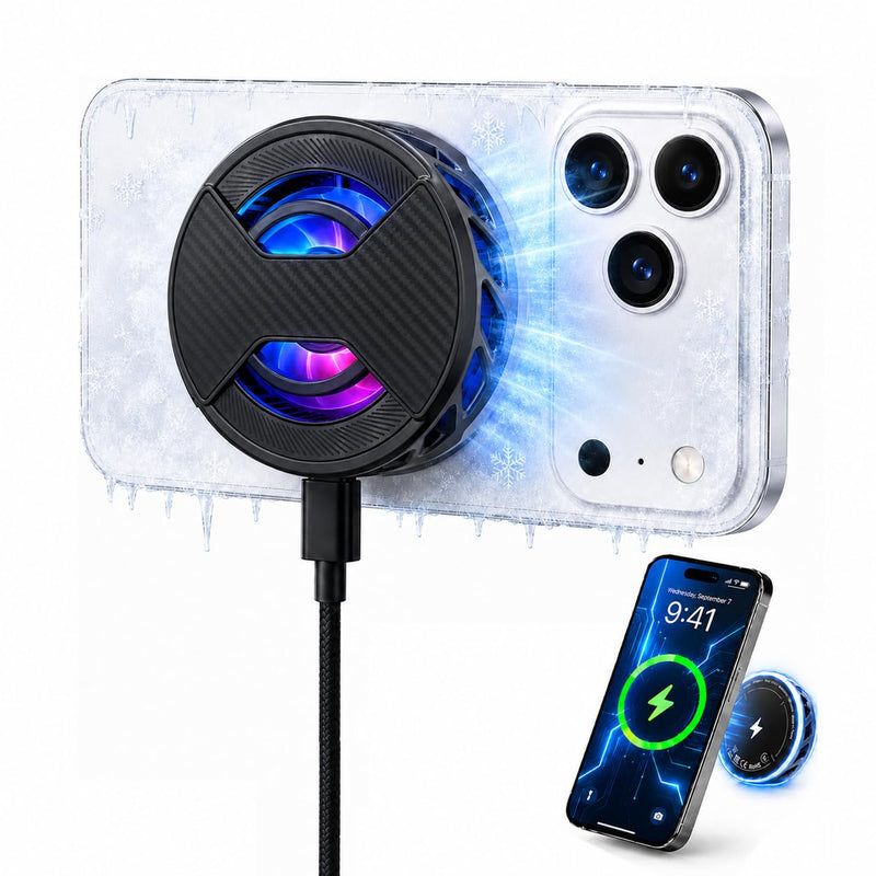 Magnetic Phone Charger with Cooler, Fast Wireless Charger Phone Cooler | RGB LED Black