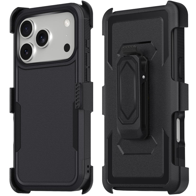 2 in 1 Case for iPhone 17 Pro Max with Belt Clip Defender, Heavy Duty Shockproof Holster with 360 Rotating Kickstand, (6.9" Black)