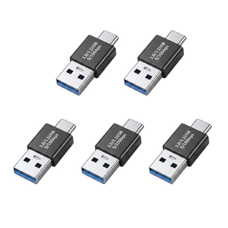 USB 3.1 Male to USB C Male Adapter 5 Pack, OTG USB A to Type-C Adapter 10Gbps Data Transfer Converter, 5V/3A Fast Charging Type C Coupler for Laptop PC Phone Charger Black