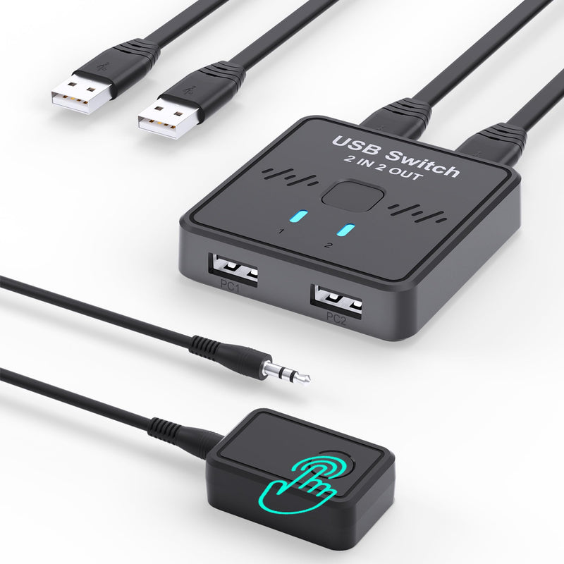 USB Switch 2 in 2 Out, USB Switcher 2 Computers Sharing Keyboard and Mouse | 2 USB 2.0 cables, External controller, Printer Splitter for 2 Computers