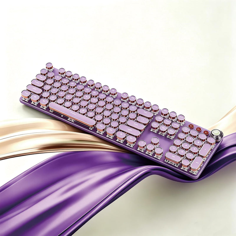 Purple Retro Typewriter Keyboard, 104 Keys Wired USB with Round Keycaps, LED Backlit, for PC Laptop Mac Windows Purple